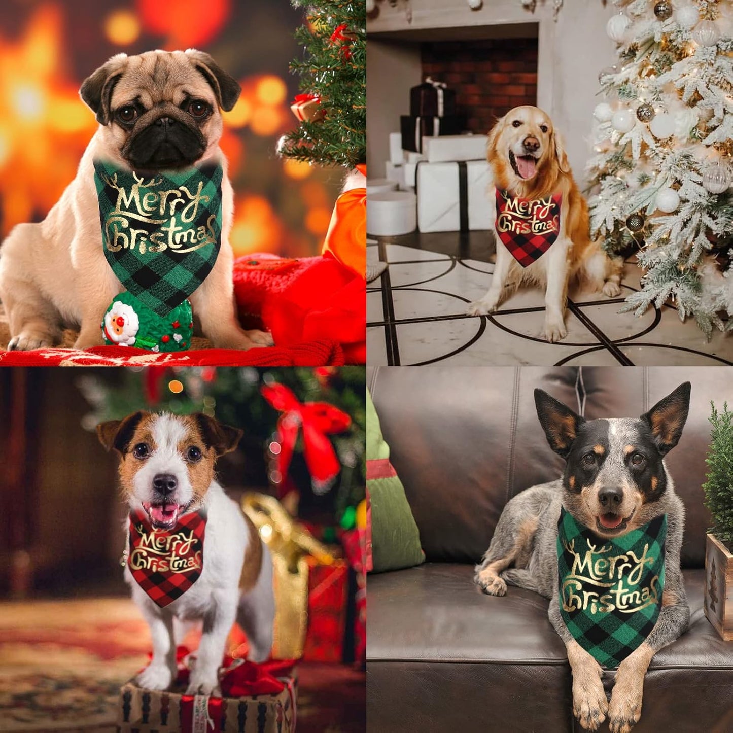 Dog Christmas Bandana Set (2 Pack) - Classic Buffalo Plaid with Gold Merry Christmas Design, Triangle Scarves for Small to Large Dogs