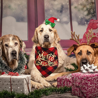Dog Christmas Bandana Set (2 Pack) - Classic Buffalo Plaid with Gold Merry Christmas Design, Triangle Scarves for Small to Large Dogs