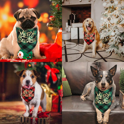 Dog Christmas Bandana Set (2 Pack) - Classic Buffalo Plaid with Gold Merry Christmas Design, Triangle Scarves for Small to Large Dogs