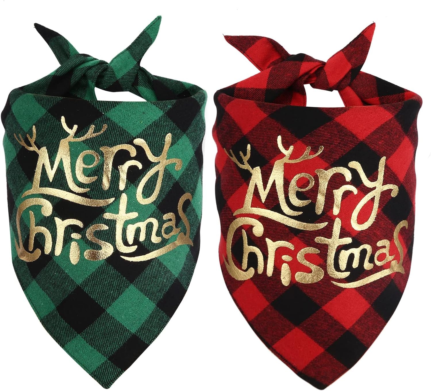 Dog Christmas Bandana Set (2 Pack) - Classic Buffalo Plaid with Gold Merry Christmas Design, Triangle Scarves for Small to Large Dogs