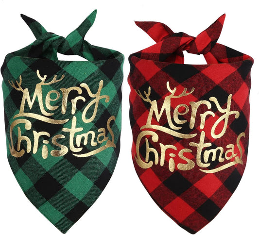 Dog Christmas Bandana Set (2 Pack) - Classic Buffalo Plaid with Gold Merry Christmas Design, Triangle Scarves for Small to Large Dogs