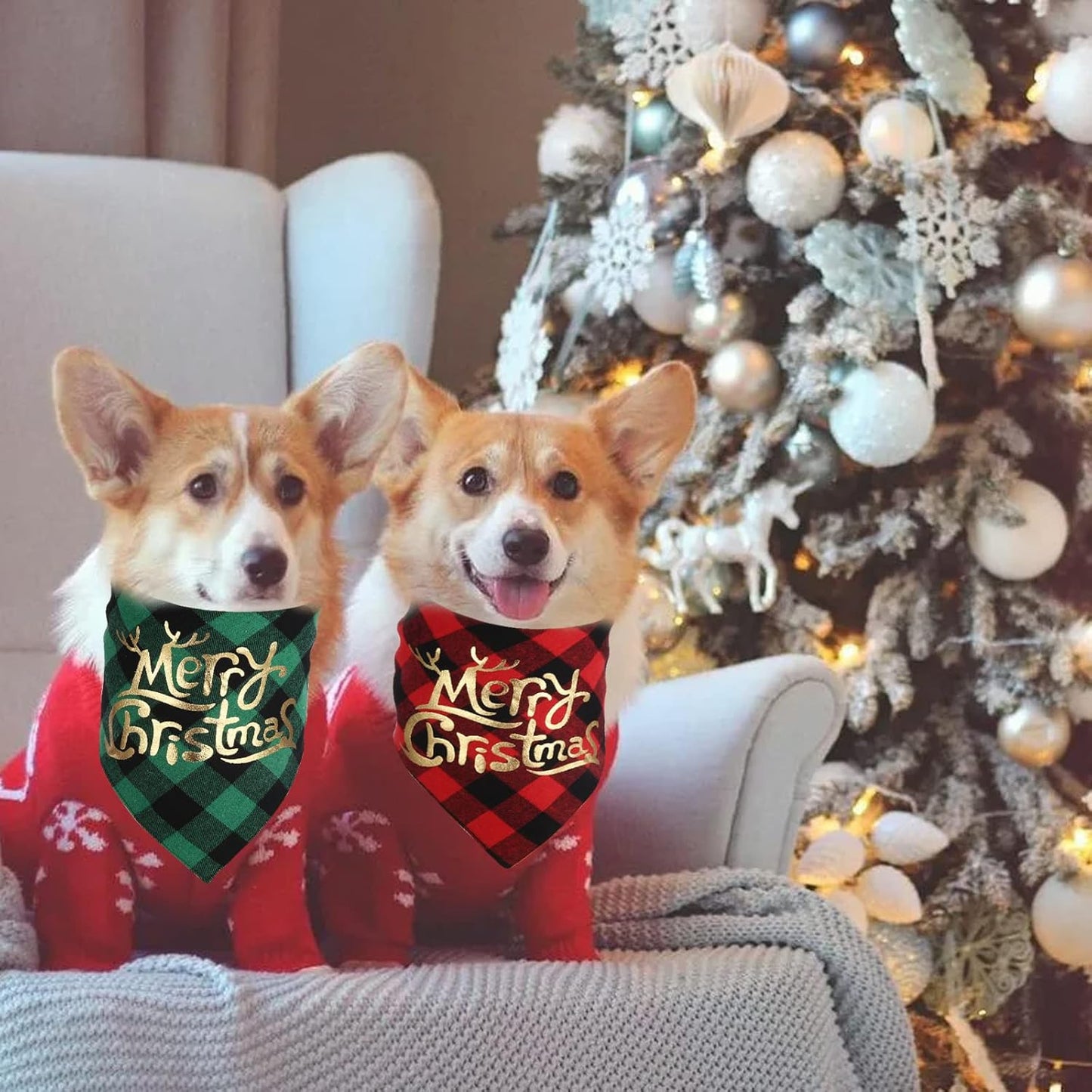 Dog Christmas Bandana Set (2 Pack) - Classic Buffalo Plaid with Gold Merry Christmas Design, Triangle Scarves for Small to Large Dogs