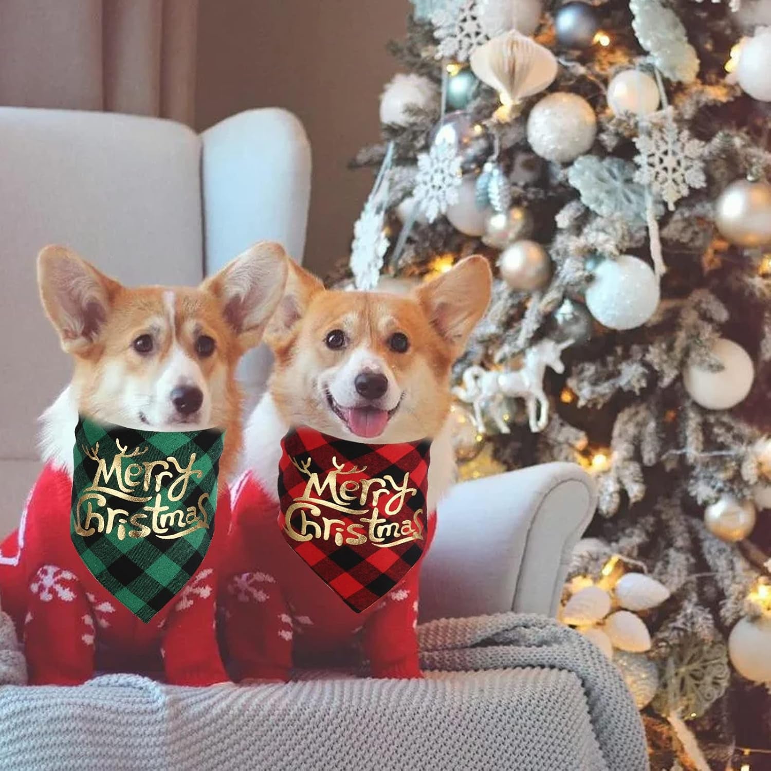 Dog Christmas Bandana Set (2 Pack) - Classic Buffalo Plaid with Gold Merry Christmas Design, Triangle Scarves for Small to Large Dogs