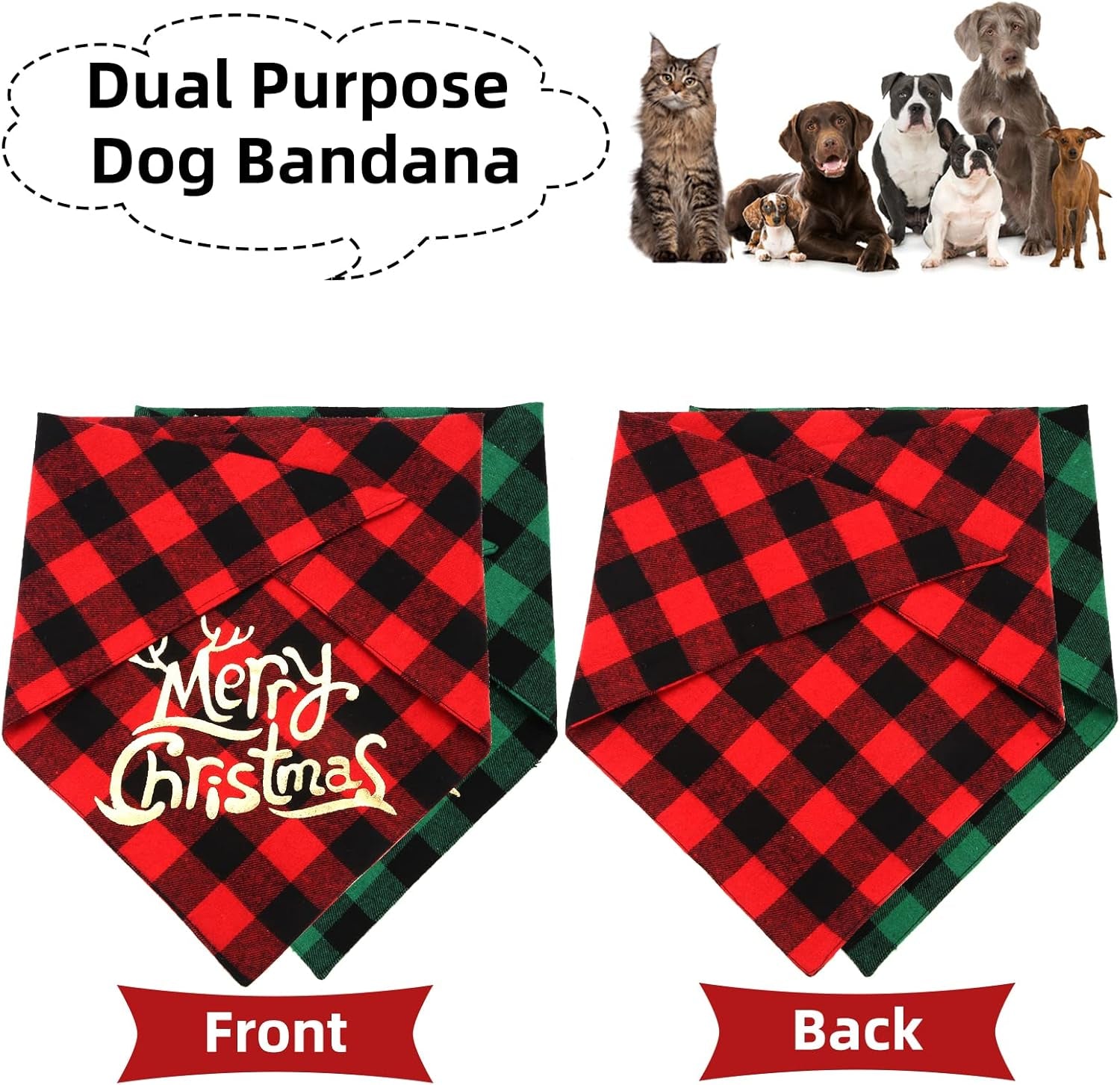 Dog Christmas Bandana Set (2 Pack) - Classic Buffalo Plaid with Gold Merry Christmas Design, Triangle Scarves for Small to Large Dogs