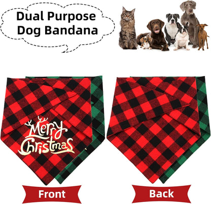 Dog Christmas Bandana Set (2 Pack) - Classic Buffalo Plaid with Gold Merry Christmas Design, Triangle Scarves for Small to Large Dogs