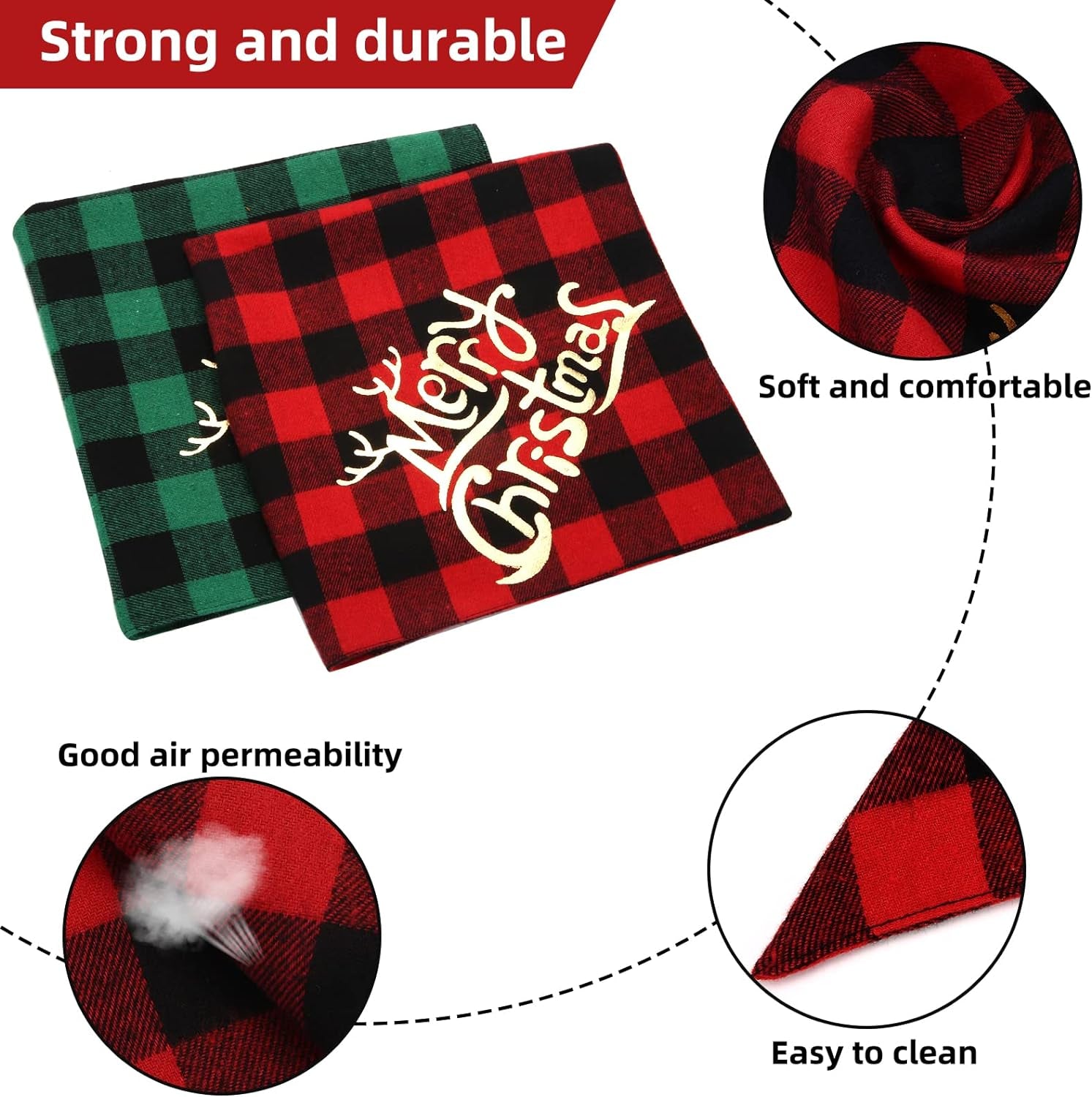 Dog Christmas Bandana Set (2 Pack) - Classic Buffalo Plaid with Gold Merry Christmas Design, Triangle Scarves for Small to Large Dogs