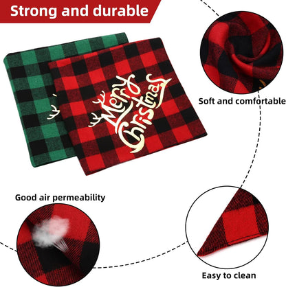 Dog Christmas Bandana Set (2 Pack) - Classic Buffalo Plaid with Gold Merry Christmas Design, Triangle Scarves for Small to Large Dogs