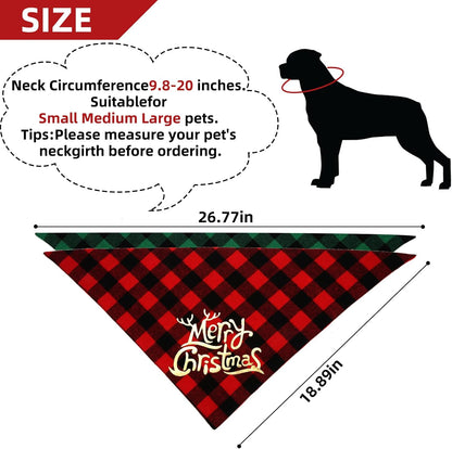 Dog Christmas Bandana Set (2 Pack) - Classic Buffalo Plaid with Gold Merry Christmas Design, Triangle Scarves for Small to Large Dogs